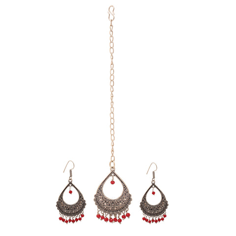 Oxidize Silver Colorful Beads Drop Pendant Maang Tika with Dangle Drop Earrings Trendy Wedding Party Mang Tikka Jewellery Set
