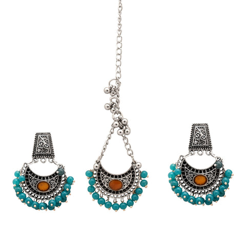 Turquoise Beads Silver Bells Circular Umrao Jaan Maang Tika with Dangle Drop Earrings Jewellery Set