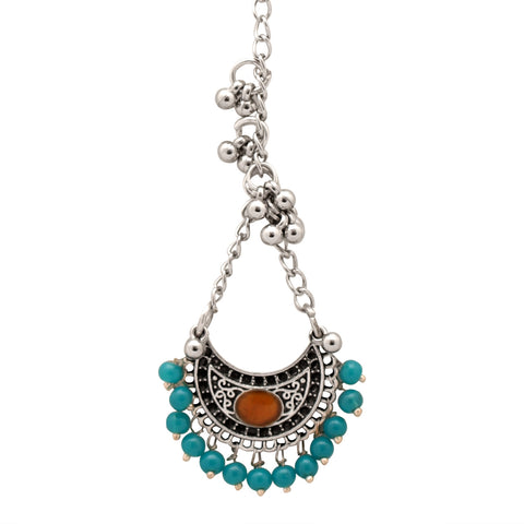 Turquoise Beads Silver Bells Circular Umrao Jaan Maang Tika with Dangle Drop Earrings Jewellery Set