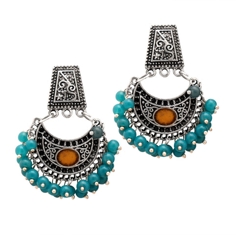 Turquoise Beads Silver Bells Circular Umrao Jaan Maang Tika with Dangle Drop Earrings Jewellery Set