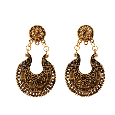 Oxidize Traditional Bollywood Style Circular Maang Tika with Chandelier Dangle Drop Earrings Jewellery Set
