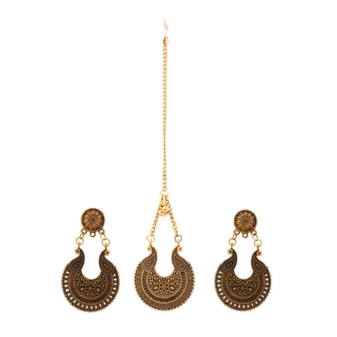 Oxidize Traditional Bollywood Style Circular Maang Tika with Chandelier Dangle Drop Earrings Jewellery Set
