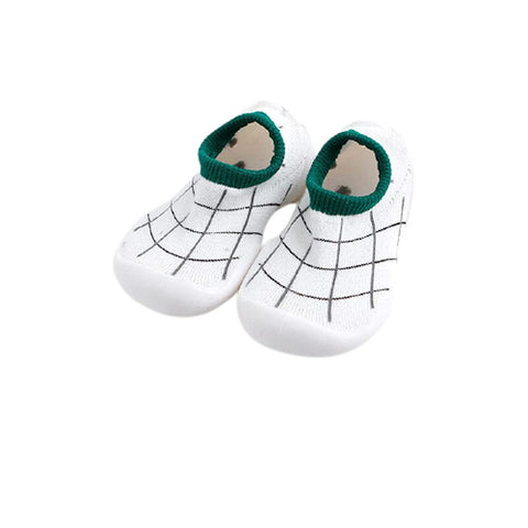 Green & White Check Anti Skid Non Slip First Walking Sock Shoes Slip on Sneakers for Boys & Girls