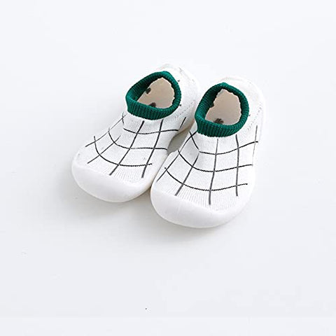 Green & White Check Anti Skid Non Slip First Walking Sock Shoes Slip on Sneakers for Boys & Girls