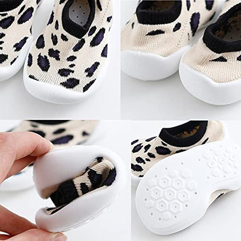 Beige Tiger Print Anti Skid Non Slip First Walking Sock Shoes Slip on Sneakers for Boys & Girls