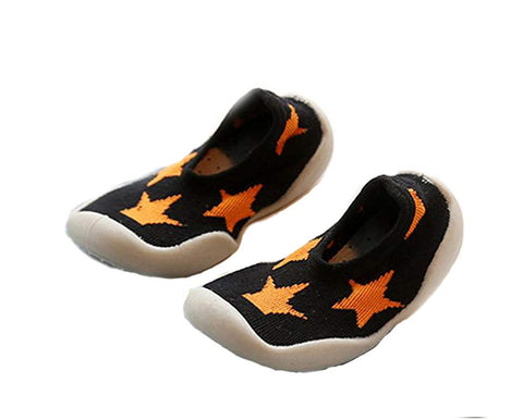 Black Orange Star Anti Skid Non Slip First Walking Sock Shoes Slip on Sneakers for Boys & Girls