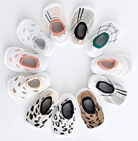 Beige Geometric Anti Skid Non Slip First Walking Sock Shoes Slip on Sneakers for Boys & Girls