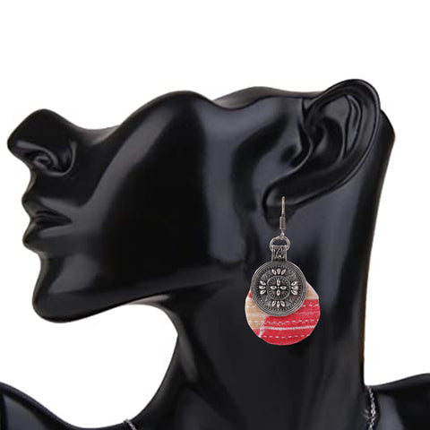 Handmade Designer Oxidized Silver Round Coin Disc Fabric Dangle Drop Pendant Earrings