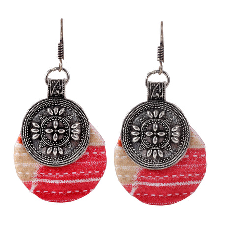 Handmade Designer Oxidized Silver Round Coin Disc Fabric Dangle Drop Pendant Earrings