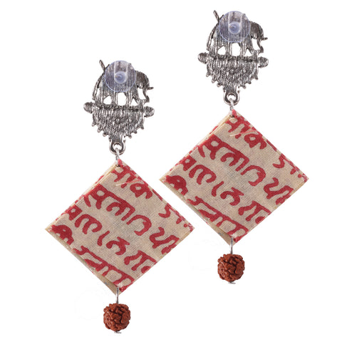 Contemporary Style Elephant Carved Designer Rudraksh Inspired Handloom Fabric Dangle Drop Earrings