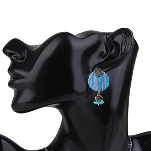 Handmade Designer Oxidized Silver Round Handloom Fabric Dangle Drop Pendant Earrings with Jhumki