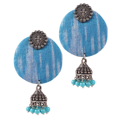 Handmade Designer Oxidized Silver Round Handloom Fabric Dangle Drop Pendant Earrings with Jhumki