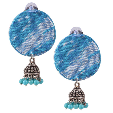Handmade Designer Oxidized Silver Round Handloom Fabric Dangle Drop Pendant Earrings with Jhumki