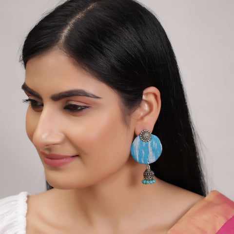 Handmade Designer Oxidized Silver Round Handloom Fabric Dangle Drop Pendant Earrings with Jhumki
