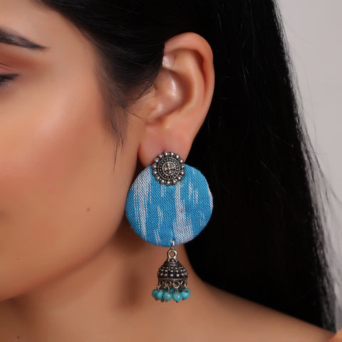 Handmade Designer Oxidized Silver Round Handloom Fabric Dangle Drop Pendant Earrings with Jhumki