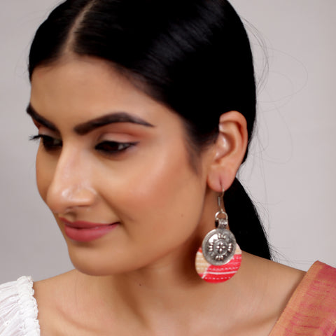Handmade Designer Oxidized Silver Round Coin Disc Fabric Dangle Drop Pendant Earrings