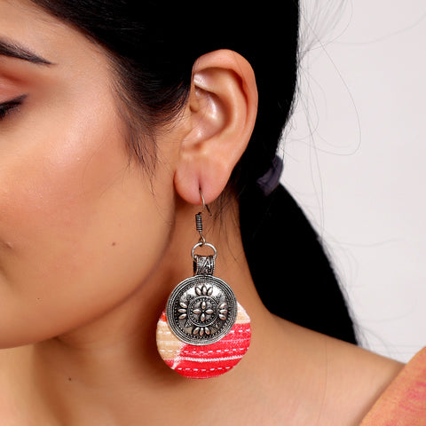 Handmade Designer Oxidized Silver Round Coin Disc Fabric Dangle Drop Pendant Earrings